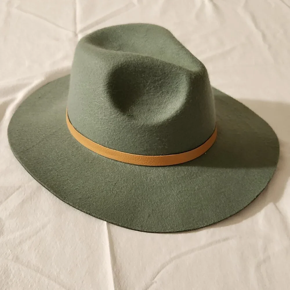 Fedora Hat Sage Green Soft Felt Pinched Crown Wide Brim Unisex Travel Walking